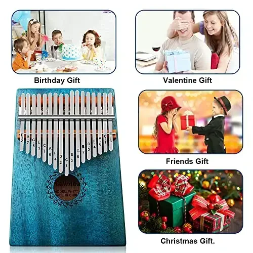 FLSEPAMB Kalimba 17 Key Thumb Piano with Mahogany Wood Portable Mbira Finger Piano Gifts for Kids and Piano Beginners Professional (Blue) - 5