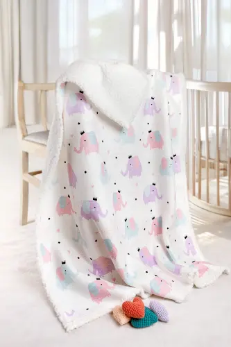 Fluffy Bebek Battaniyesi 80x100 Cm Elephant Kundak Puset Çift Taraflı Koyun Tüyü Battaniye 100x80-Beyaz 