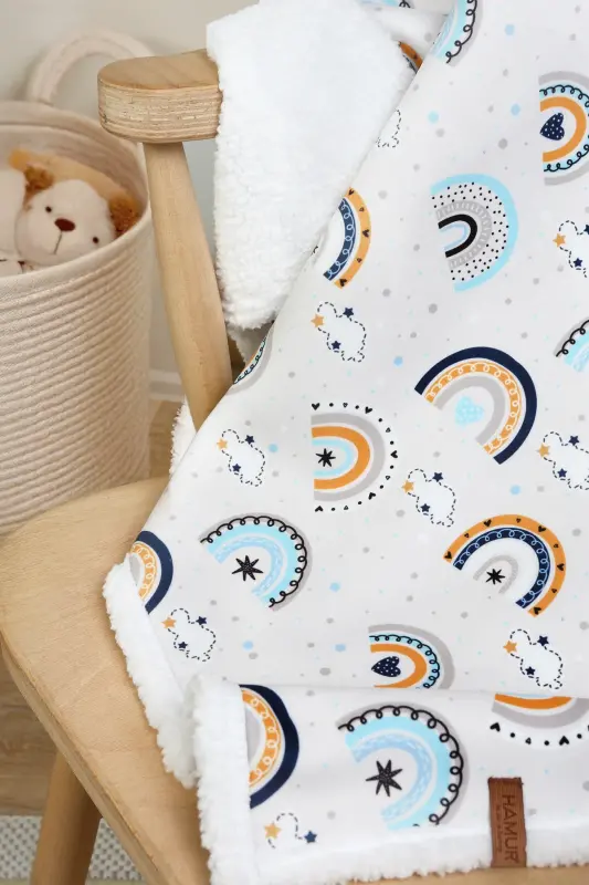 Fluffy Bebek Battaniyesi 80x100 Cm Gök Mavi Kundak Puset Çift Taraflı Koyun Tüyü Battaniye 100x80-Açık Mavi - 2