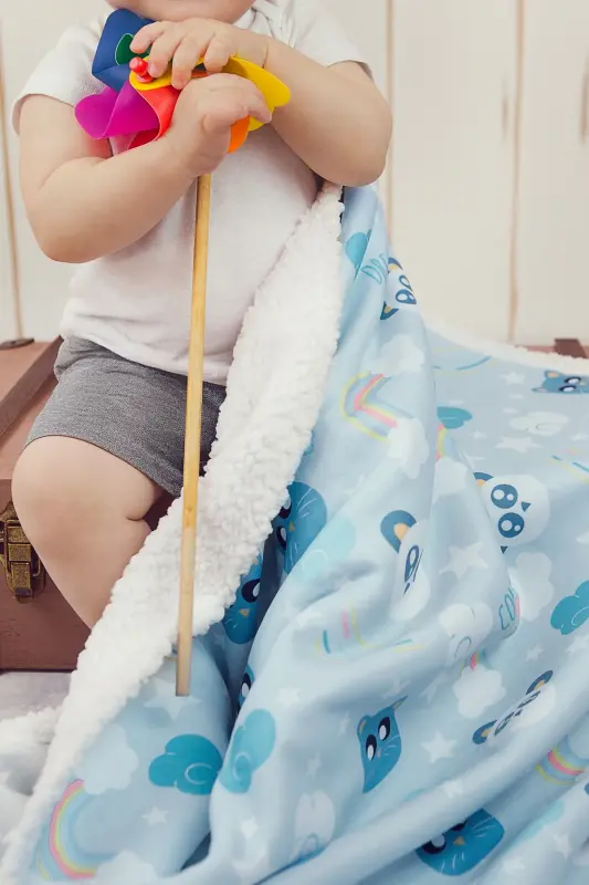 Fluffy Bebek Battaniyesi 80x100 CmDream Kundak Puset Çift Taraflı Koyun Tüyü Battaniye 100x80-Mavi - 3