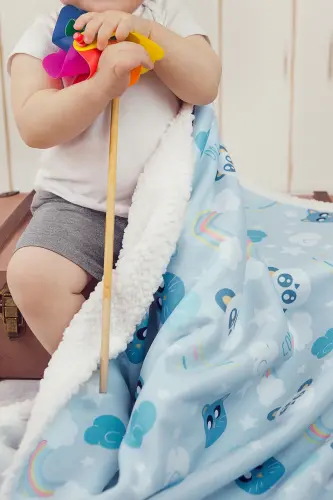 Fluffy Bebek Battaniyesi 80x100 CmDream Kundak Puset Çift Taraflı Koyun Tüyü Battaniye 100x80-Mavi - 3