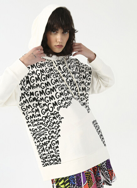 Fluffy Bisiklet Yaka Oversize Ekru Kadın Sweatshirt FFY-27 - 4