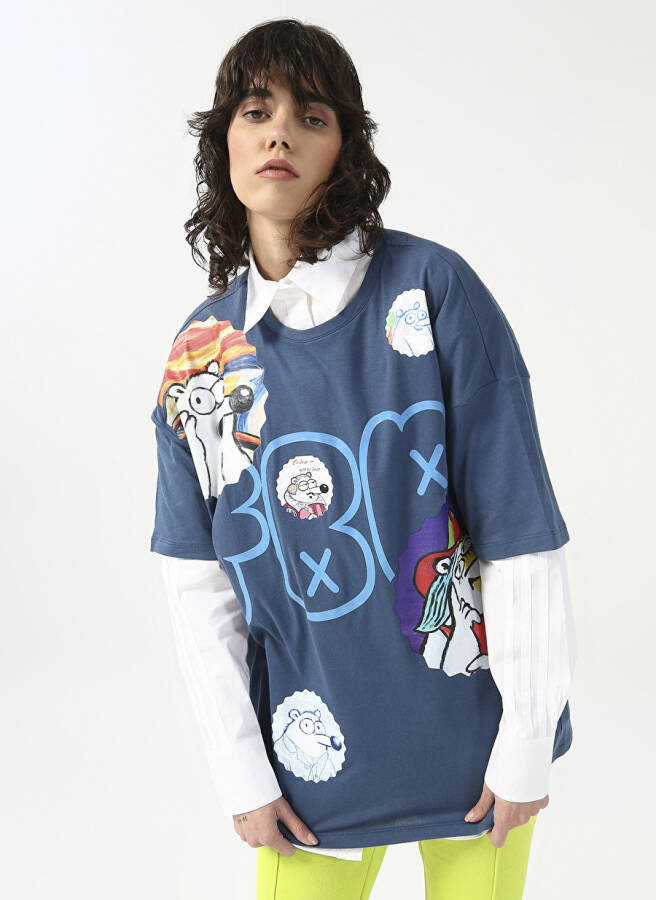 Fluffy Bisiklet Yaka Oversize İndigo Kadın T-Shirt FFY-21 - 4