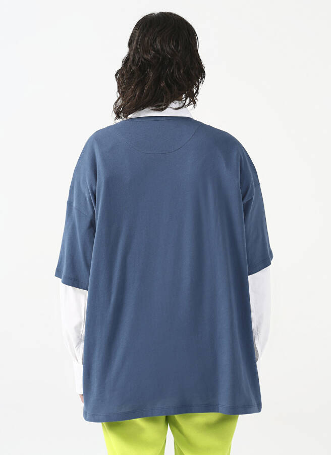 Fluffy Bisiklet Yaka Oversize İndigo Kadın T-Shirt FFY-21 - 5