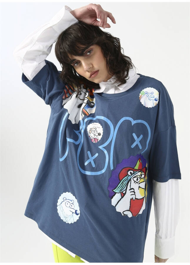 Fluffy Bisiklet Yaka Oversize İndigo Kadın T-Shirt FFY-21 - 9