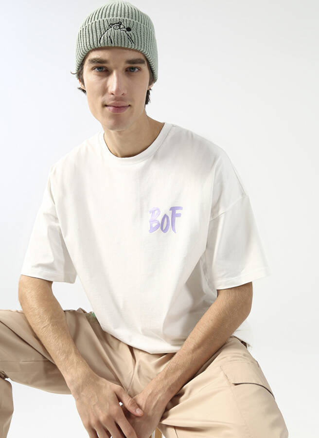 Fluffy Crew Neck Oversize Ecru Men's T-Shirt - 4