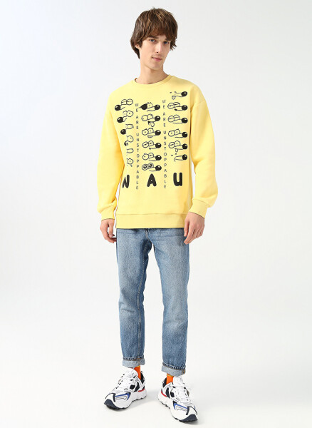 Fluffy Crew Neck Oversized Printed Light Yellow Men's Fleece Sweatshirt - 3