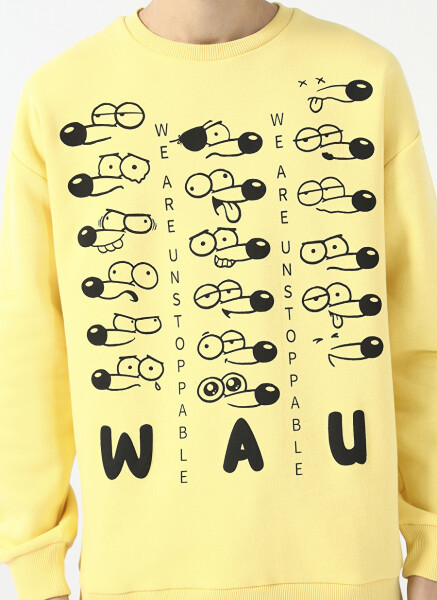 Fluffy Crew Neck Oversized Printed Light Yellow Men's Fleece Sweatshirt - 6