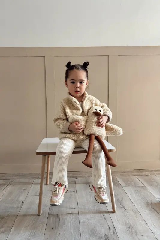 Fluffy Fermuarlı Bebek Çocuk Peluş Sweatshirt-Ekru - 4