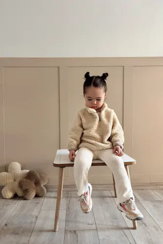 Fluffy Fermuarlı Bebek Çocuk Peluş Sweatshirt - Ekru - VIVIMADE (1)