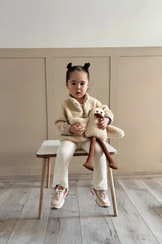 Fluffy Fermuarlı Bebek Çocuk Peluş Sweatshirt - Ekru - 4