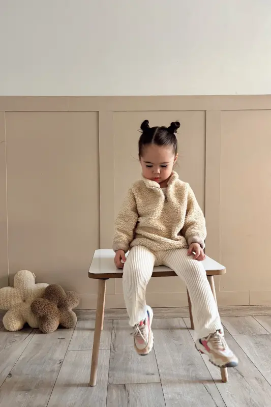 Fluffy Fermuarlı Bebek Çocuk Peluş Sweatshirt - Ekru - 2