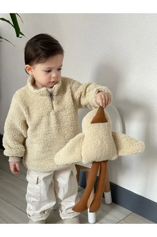 Fluffy Fermuarlı Bebek Çocuk Peluş Sweatshirt - Ekru - 3