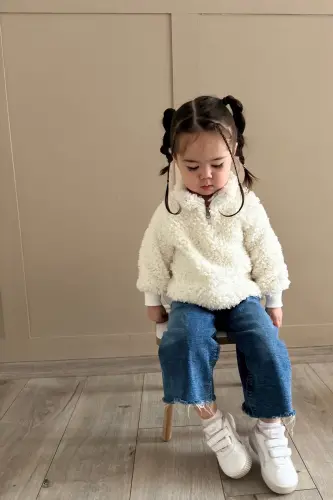 Fluffy Fermuarlı Bebek Çocuk Peluş Unisex Sweatshirt - Beyaz 