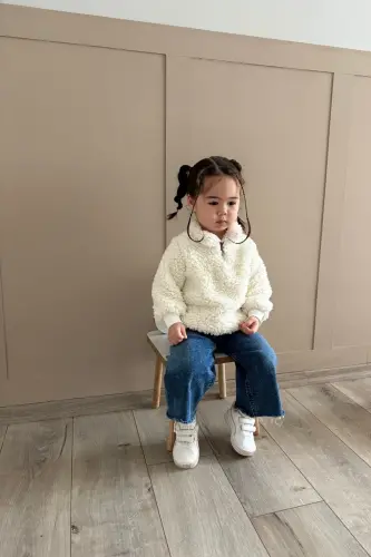 Fluffy Fermuarlı Bebek Çocuk Peluş Unisex Sweatshirt - Beyaz - VIVIMADE (1)