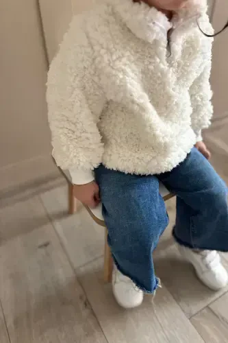 Fluffy Fermuarli Chaqaloq Bolalar Peluş Unisex Sviter - Oq - 3