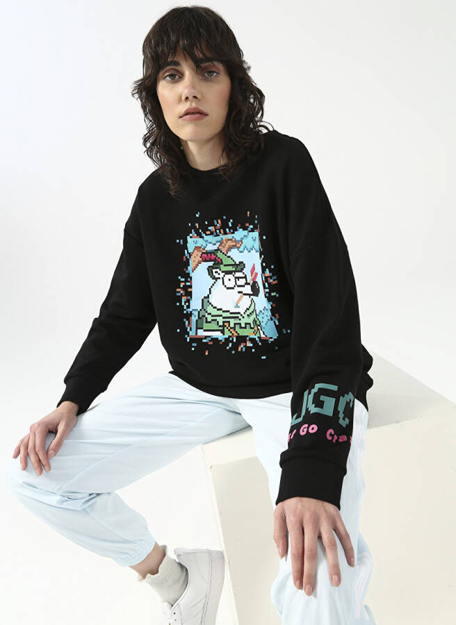 Fluffy Kapüşonlu Oversize Siyah Kadın Sweatshirt FFY-30 - 4