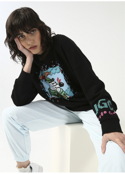 Fluffy Kapüşonlu Oversize Siyah Kadın Sweatshirt FFY-30 - 7