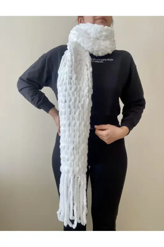 Fluffy Scarf, Hand Knit Puffy Fluffy Scarf-White Puffy - HOBIHANEM TUHAFIYE
