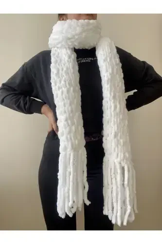 Fluffy Scarf, Hand Knit Puffy Fluffy Scarf-White Puffy - HOBIHANEM TUHAFIYE (1)