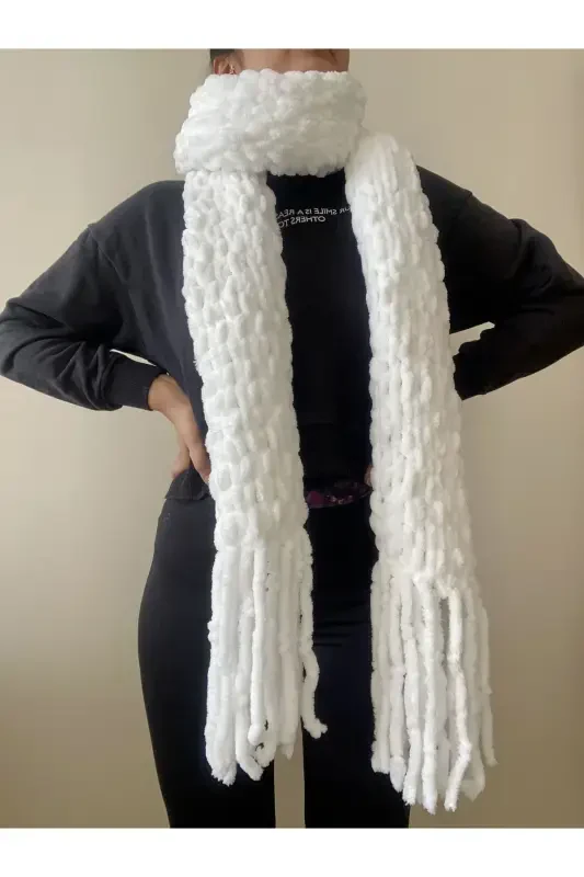 Fluffy Scarf, Hand Knit Puffy Fluffy Scarf-White Puffy - 2