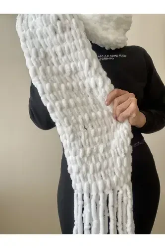 Fluffy Scarf, Hand Knit Puffy Fluffy Scarf-White Puffy - 3