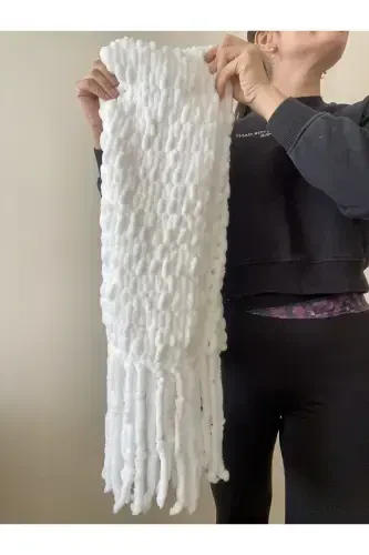 Fluffy Scarf, Hand Knit Puffy Fluffy Scarf-White Puffy - 4