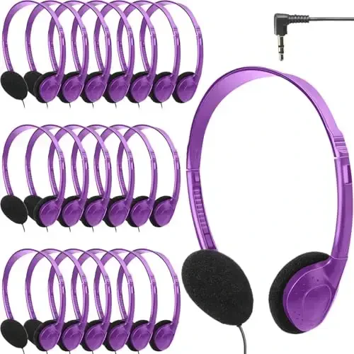 Flutesan 20 Pack Headphones Bulk for Classroom School Students Libraries Wired On Ear Headphones Over The Head Earphones for Class Children Teen Boys Girls Adults (Purple) - 1