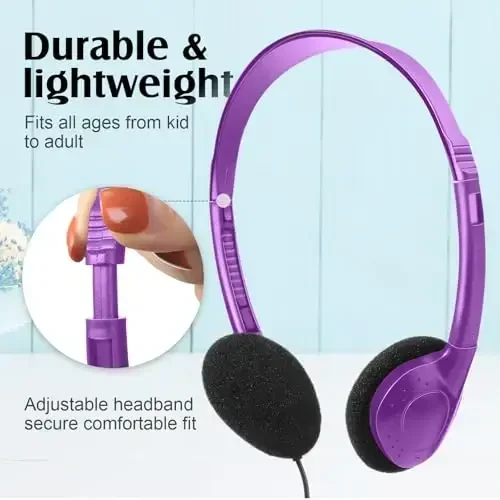 Flutesan 20 Pack Headphones Bulk for Classroom School Students Libraries Wired On Ear Headphones Over The Head Earphones for Class Children Teen Boys Girls Adults (Purple) - 3