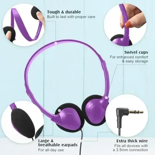 Flutesan 20 Pack Headphones Bulk for Classroom School Students Libraries Wired On Ear Headphones Over The Head Earphones for Class Children Teen Boys Girls Adults (Purple) - 4