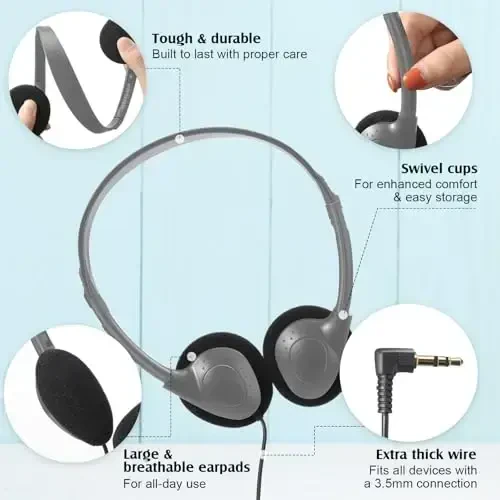 Flutesan 20 Pack Headphones Bulk for Classroom School Students Libraries Wired On Ear Headphones Over The Head Earphones for Class Children Teen Boys Girls Adults(Gray) - 4