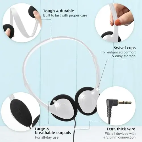 Flutesan 20 Pack Headphones Bulk for Classroom School Students Libraries Wired On Ear Headphones Over The Head Earphones for Class Children Teen Boys Girls Adults(White) - 4