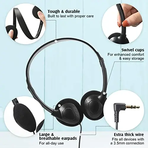 Flutesan 20 Pack Headphones Bulk Libraries Wired on Ear Headphones Over The Head Earphones for Boys Girls Adults(Black) - 2