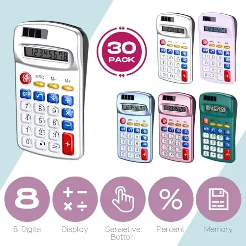 Flutesan 30 Pack Pocket Calculator Small Battery Powered Bulk Mini Size 4 Function Hand Held Basic Calculator for Students Kids School Home Office (Blue, Gray, Red, Green, Purple) - 4
