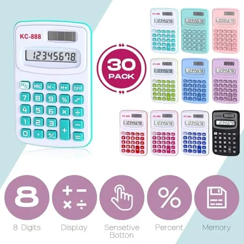 Flutesan 30 Pack Pocket Calculator Small Battery Powered Bulk Mini Size 4 Function Hand Held Basic Calculator for Students Kids School Home Office(Red, Blue, Green, Black, Pink, Purple) - 3