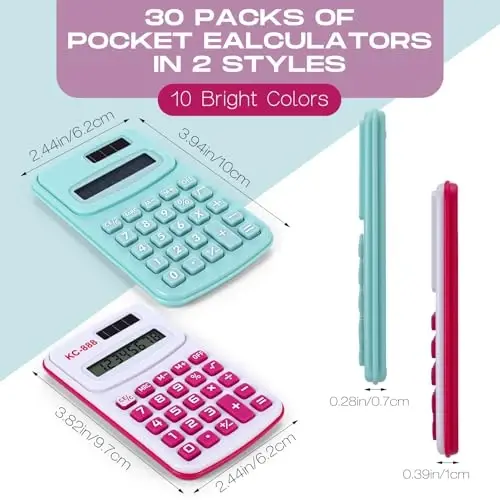 Flutesan 30 Pack Pocket Calculator Small Battery Powered Bulk Mini Size 4 Function Hand Held Basic Calculator for Students Kids School Home Office(Red, Blue, Green, Black, Pink, Purple) - 2