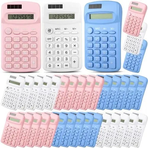 Flutesan 30 Pack Pocket Calculator Small Battery Powered Bulk Mini Size 4 Function Hand Held Basic Calculator for Students Kids School Home Office(White, Pink, Blue) - 1