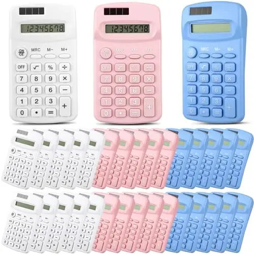 Flutesan 30 Pack Pocket Calculator Small Battery Powered Bulk Mini Size 4 Function Hand Held Basic Calculator for Students Kids School Home Office(White, Pink, Blue) - 1
