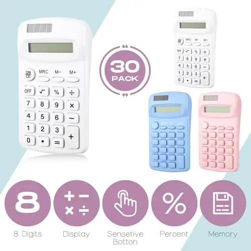 Flutesan 30 Pack Pocket Calculator Small Battery Powered Bulk Mini Size 4 Function Hand Held Basic Calculator for Students Kids School Home Office(White, Pink, Blue) - 4