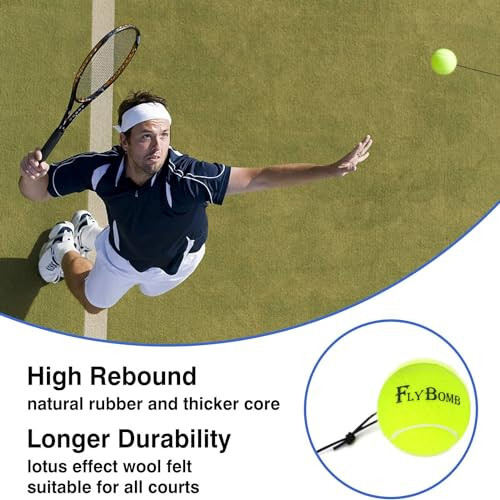 Flybomb Portable Solo Tennis Trainer Set, 3 Replacement Rebound Balls, & Wristband & Overgrip & Ring & Damper for Self Tennis Practice Training Tool for Adults or Kids Beginners - 4