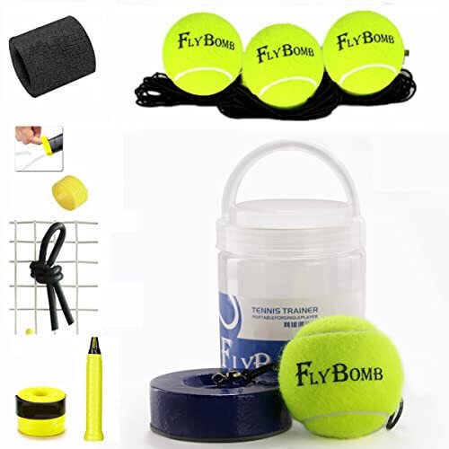 Flybomb Portativ Yolg'iz Tennis Trening To'plami, 3 ta almashtiriladigan Sekuvchi To'plar, Bilak Bandaji, Overgrip, Halqa va Damper bilan Kattalar yoki Bolalar uchun Boshlang'ich Tennis Mashq Qilish Asboblari - FLYBOMB