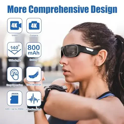 FlyGift 4K 2160P FHD Sports & Action Video Camera, UV400 himoya polarizatsiyalangan linzalari+Ochiq/yorqin sariq linzalari bo'lgan kamera ko'zoynaklari, ochiq sport turlari uchun (64GB TF karta ichida) - 6