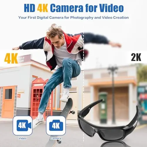 FlyGift 4K 2160P FHD Sports & Action Video Camera, UV400 himoya polarizatsiyalangan linzalari+Ochiq/yorqin sariq linzalari bo'lgan kamera ko'zoynaklari, ochiq sport turlari uchun (64GB TF karta ichida) - 3