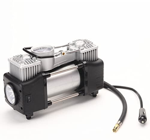 FLZOSPER 6-Piece Metal DC 12V Air Compressor Kit，Pump Tire Inflator Heavy Duty Double Cylinders, 150PSI Tire Air Pump with Adapter for Car, Truck, SUV Tires, Dinghy, Air Bed etc ，Silver - FLZOSPER (1)