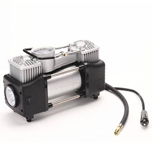 FLZOSPER 6-Piece Metal DC 12V Air Compressor Kit，Pump Tire Inflator Heavy Duty Double Cylinders, 150PSI Tire Air Pump with Adapter for Car, Truck, SUV Tires, Dinghy, Air Bed etc ，Silver - 2