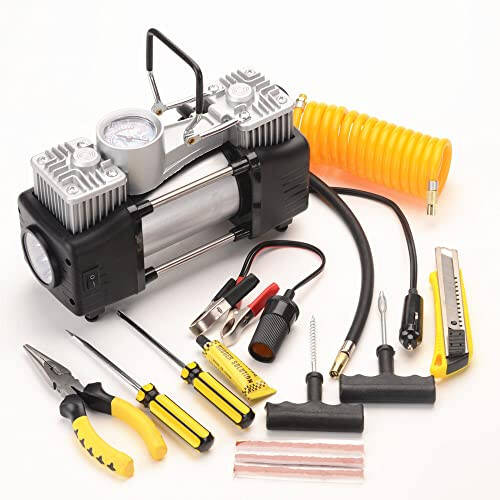 FLZOSPER 6-Piece Metal DC 12V Air Compressor Kit，Pump Tire Inflator Heavy Duty Double Cylinders, 150PSI Tire Air Pump with Adapter for Car, Truck, SUV Tires, Dinghy, Air Bed etc ，Silver - 4