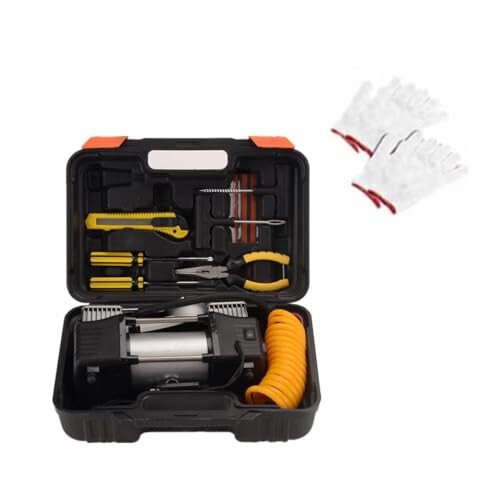 FLZOSPER 6-Piece Metal DC 12V Air Compressor Kit，Pump Tire Inflator Heavy Duty Double Cylinders, 150PSI Tire Air Pump with Adapter for Car, Truck, SUV Tires, Dinghy, Air Bed etc ，Silver - FLZOSPER