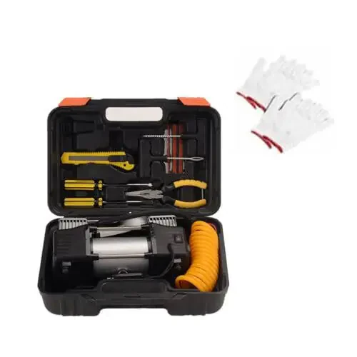 FLZOSPER 6-Piece Metal DC 12V Air Compressor Kit，Pump Tire Inflator Heavy Duty Double Cylinders, 150PSI Tire Air Pump with Adapter for Car, Truck, SUV Tires, Dinghy, Air Bed etc ，Silver - 1