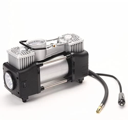 FLZOSPER 6-Piece Metal DC 12V Air Compressor Kit，Pump Tire Inflator Heavy Duty Double Cylinders, 150PSI Tire Air Pump with Adapter for Car, Truck, SUV Tires, Dinghy, Air Bed etc ，Silver - FLZOSPER (1)