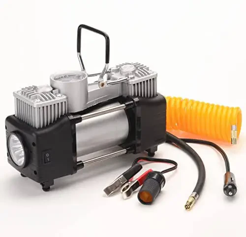 FLZOSPER 6-Piece Metal DC 12V Air Compressor Kit，Pump Tire Inflator Heavy Duty Double Cylinders, 150PSI Tire Air Pump with Adapter for Car, Truck, SUV Tires, Dinghy, Air Bed etc ，Silver - 3